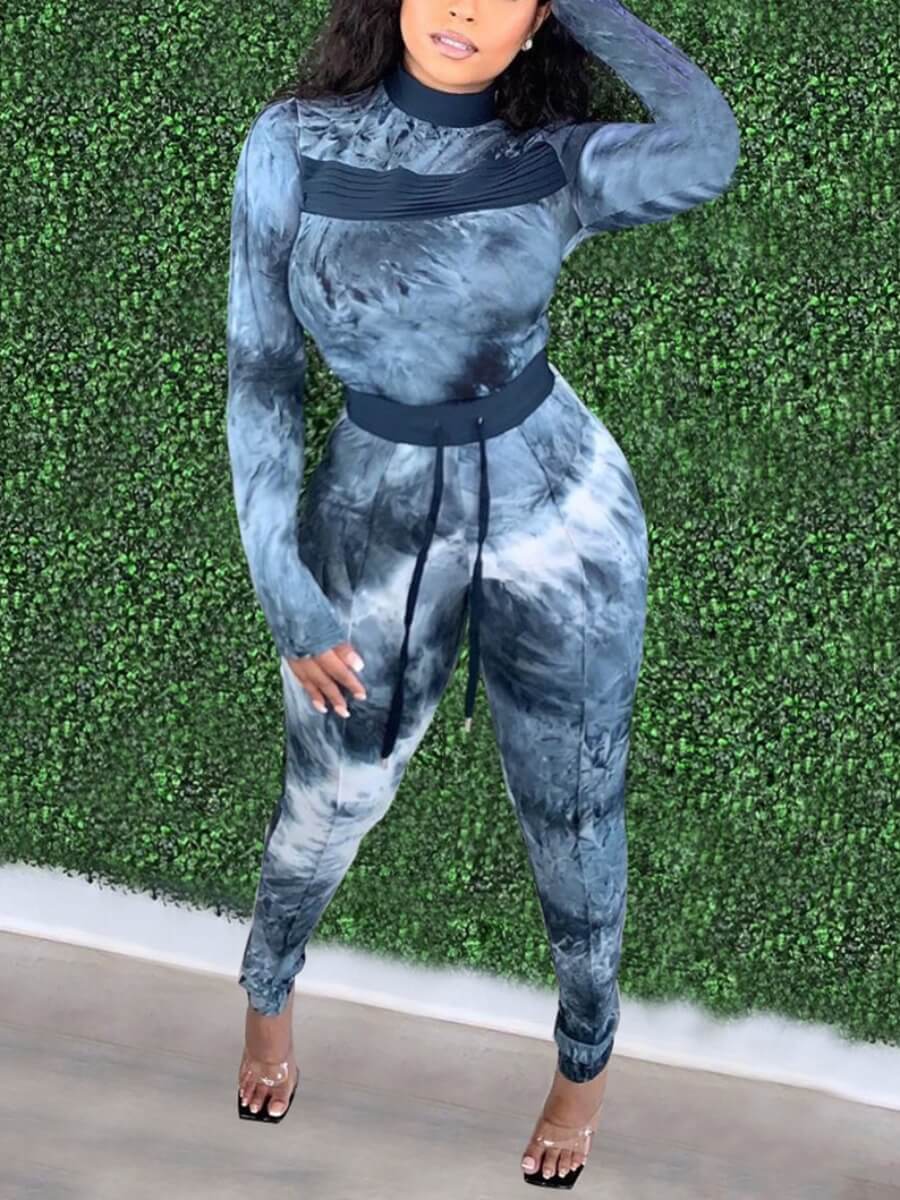 

Lovely Sportswear Turtleneck Tie-dye Patchwork Blue Plus Size Two-piece Pants Set
