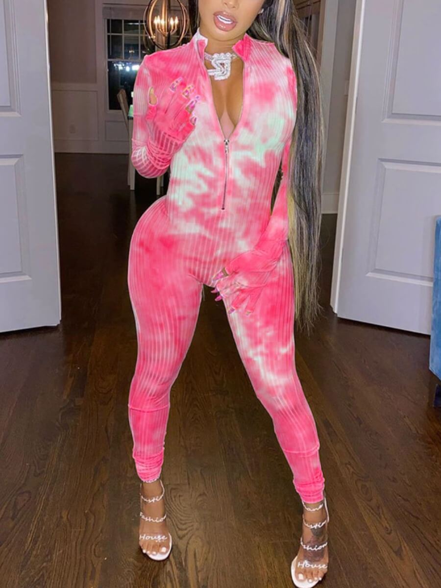 

Lovely Casual V Neck Tie-dye Pink One-piece Jumpsuit