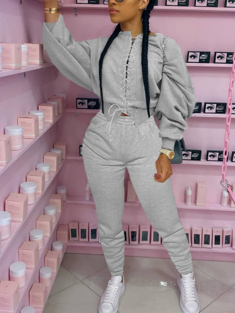 

Lovely Casual Hubble-bubble Sleeve Lace-up Grey Two-piece Pants Set