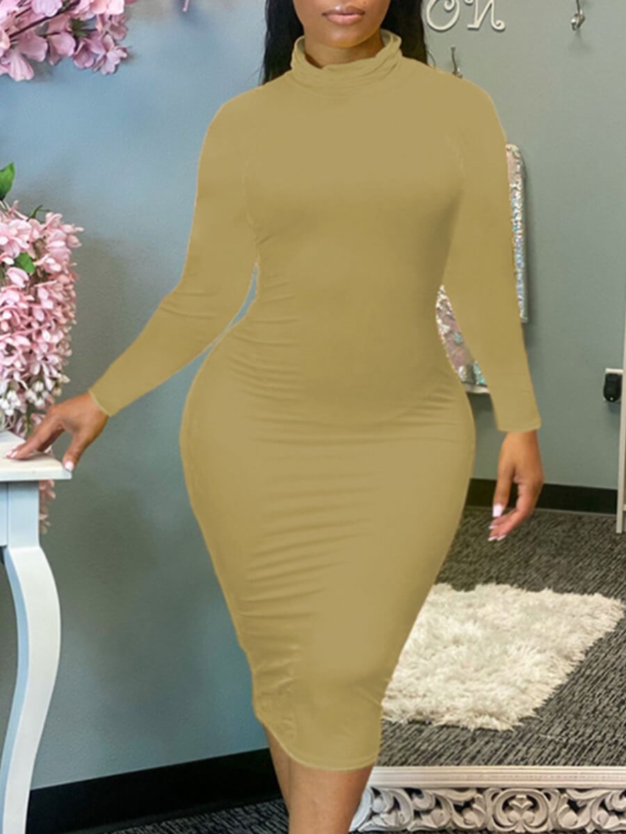 

Lovely Casual Basic Skinny Khaki Knee Length Plus Size Dress