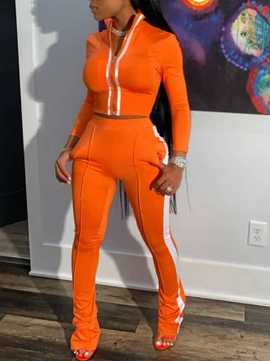 

Lovely Sportswear Zipper Design Jacinth Two Piece Pants Set