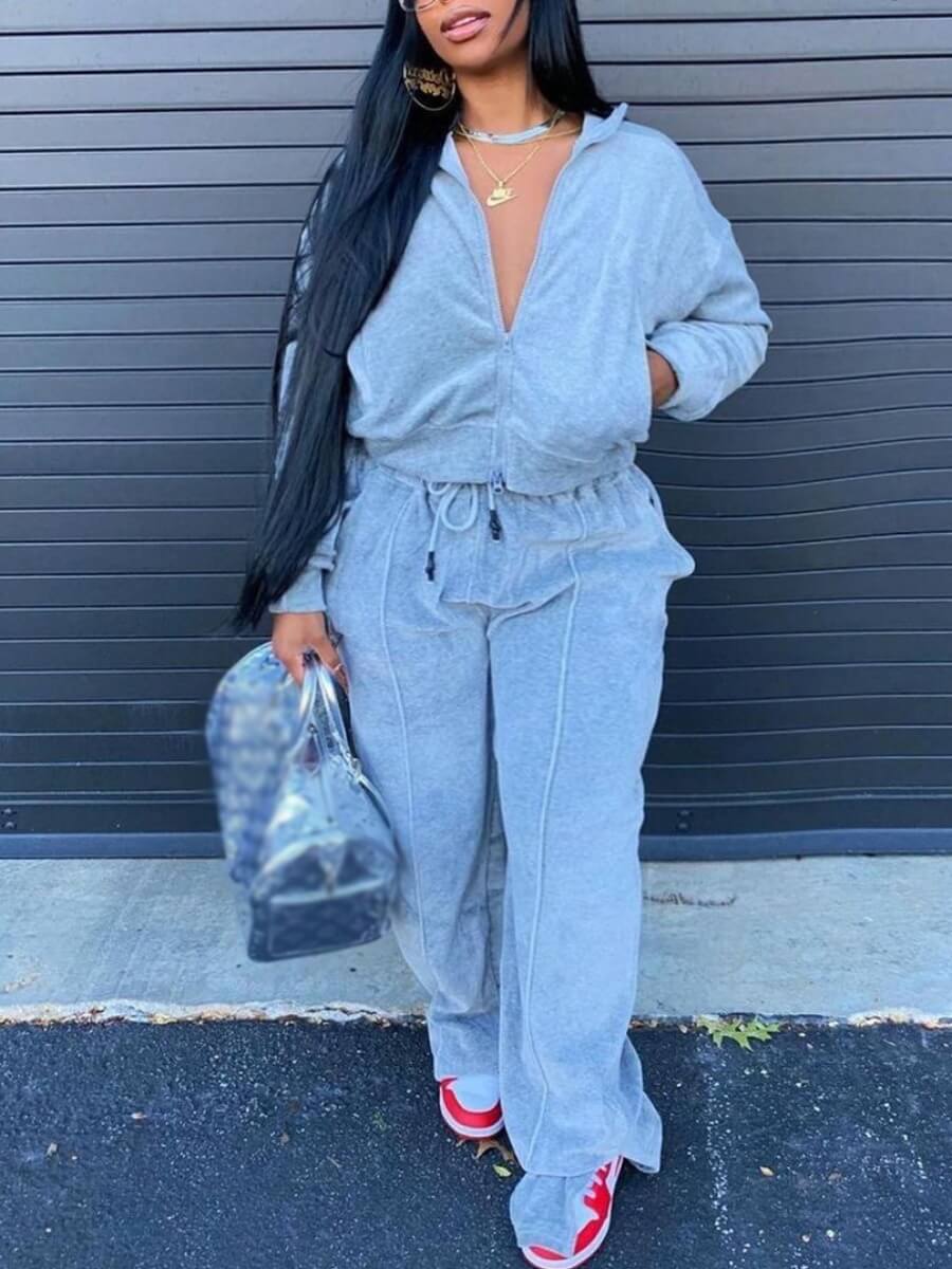

Lovely Casual Drawstring Zipper Design Grey Two Piece Pants Set