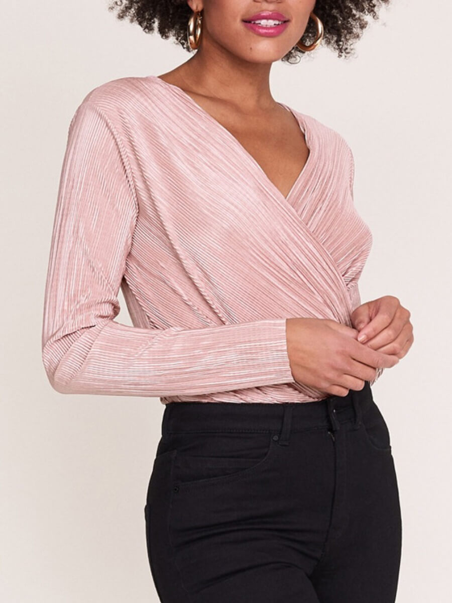 

Lovely Trendy V Neck Cross-over Design Pink Bodysuit