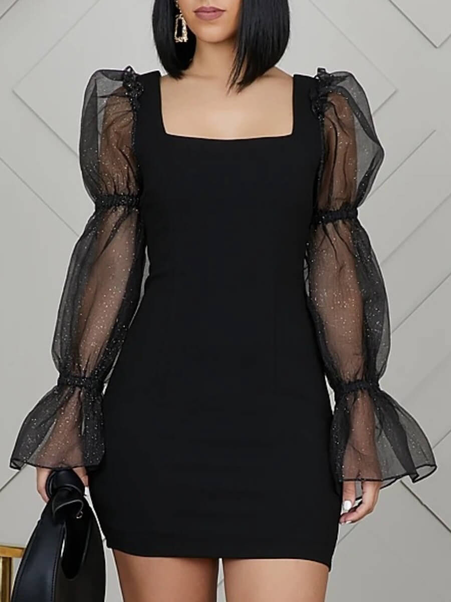 

Lovely Sweet Square Collar Patchwork Black Mini Dress
