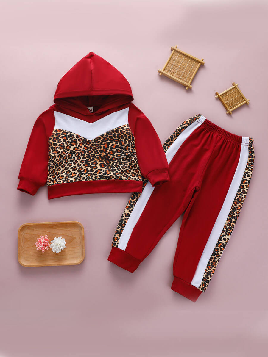 

Lovely Sportswear Hooded Collar Leopard Print Patchwork Red Girl Two-piece Pants Set