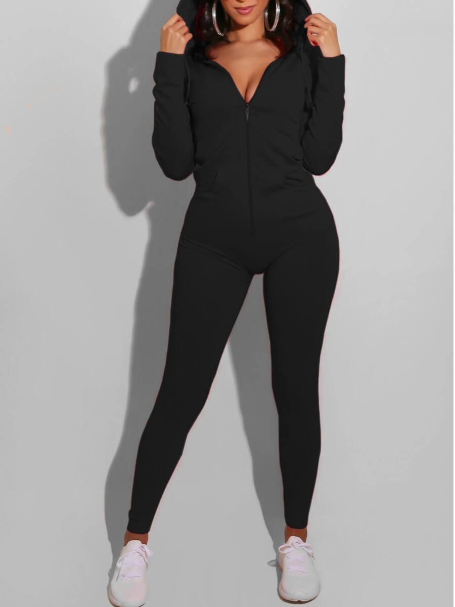 

Lovely Casual Hooded Collar Zipper Design Black One-piece Jumpsuit