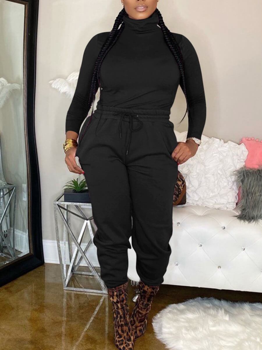 

Lovely Casual Turtleneck Drawstring Black Two Piece Pants Set