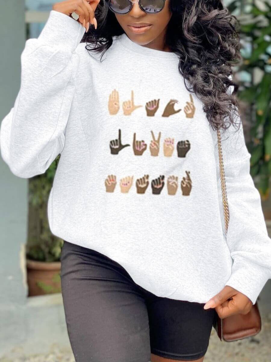 

Lovely Leisure O Neck Hands Print White Hoodie