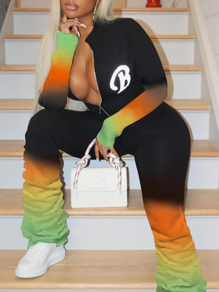 

Lovely Stylish Gradient Print Zipper Design Black Plus Size One-piece Jumpsuit