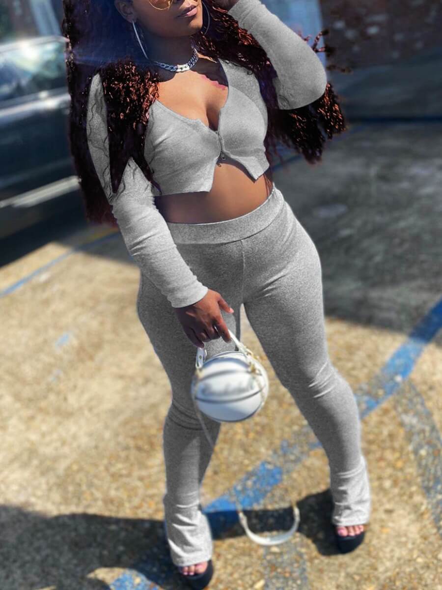 

Lovely Casual Button Design Grey Two Piece Pants Set