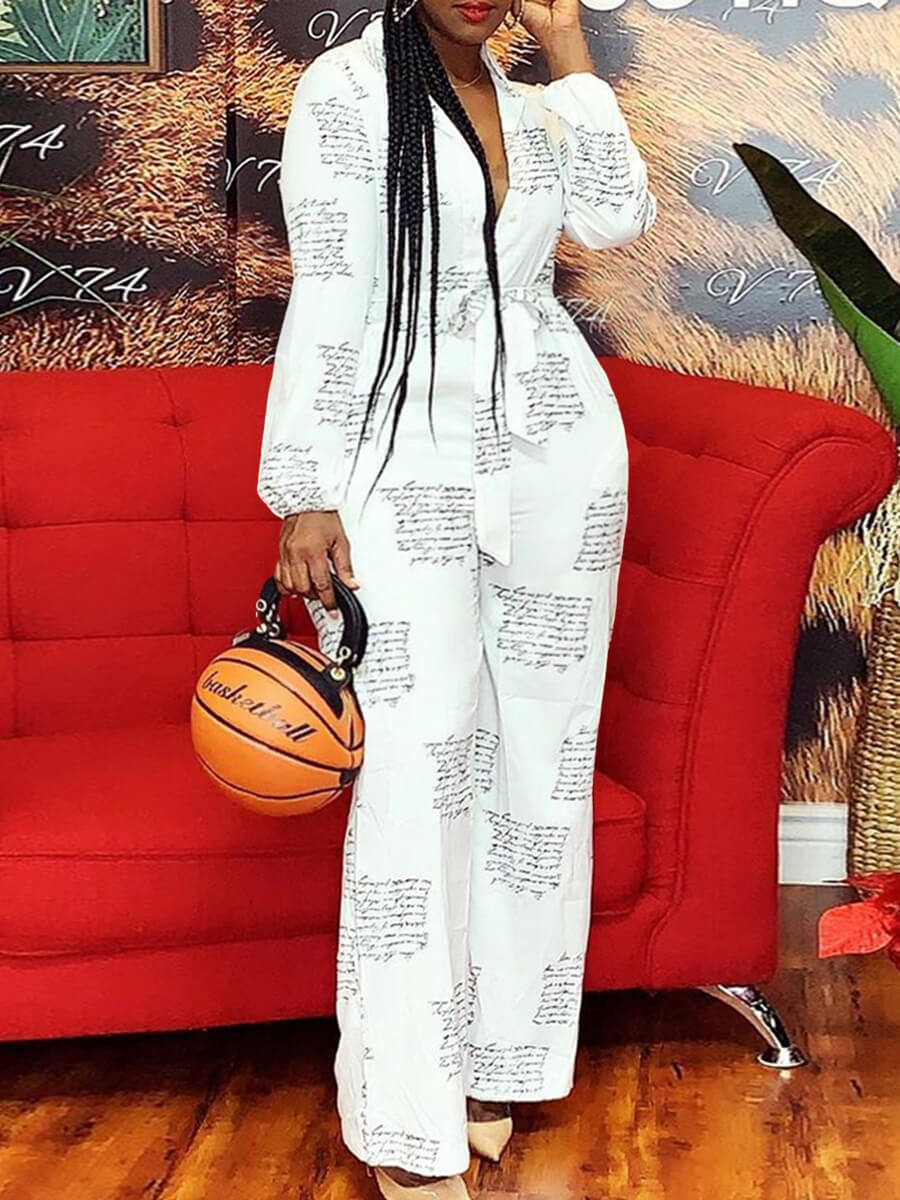 

Lovely Plus Size Casual Letter Print White One-piece Jumpsuit