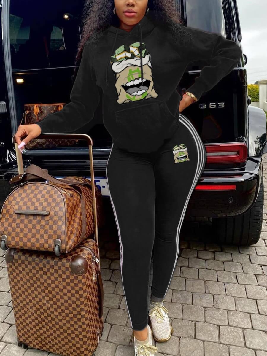 

Lovely Sportswear Hooded Collar Print Black Plus Size Two-piece Pants Set