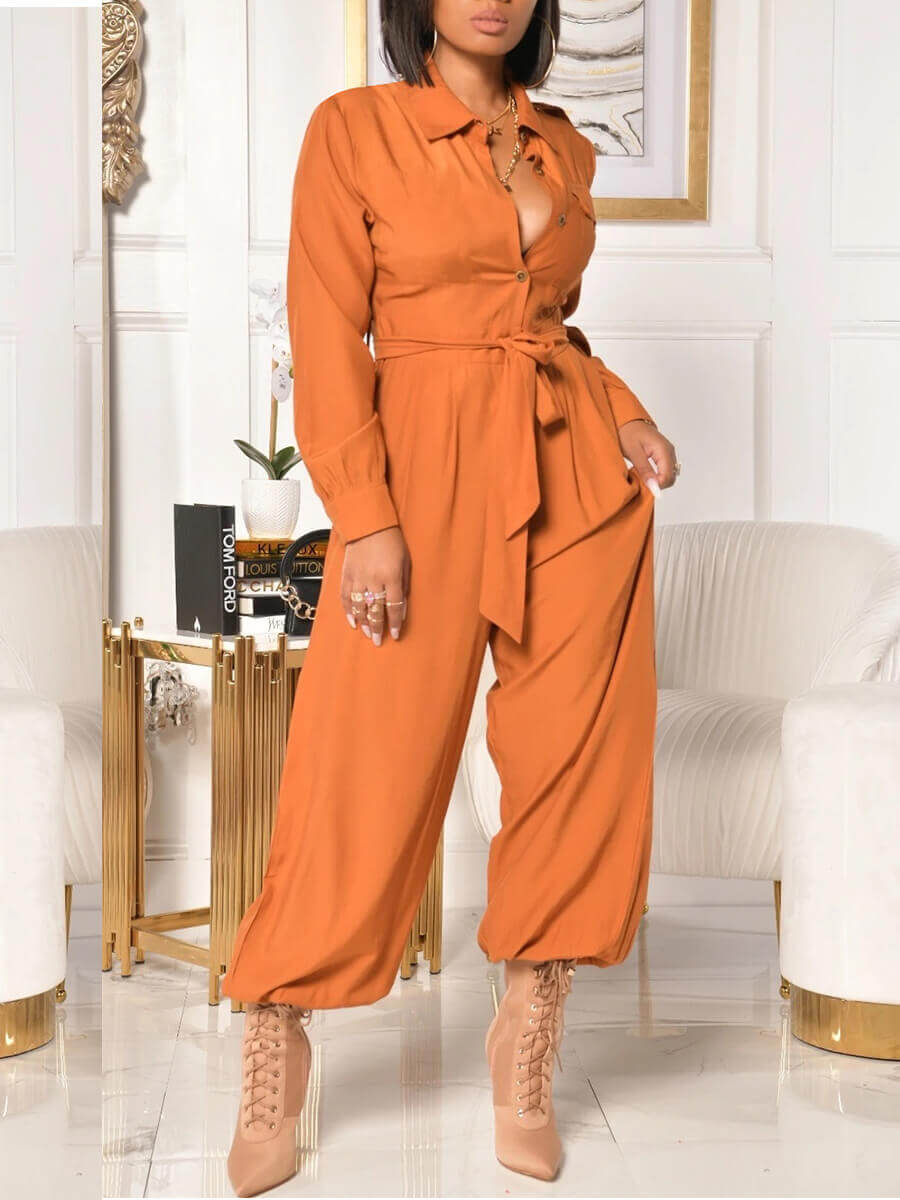

Lovely Trendy Turndown Collar Lace-up Orange Yellow One-piece Jumpsuit
