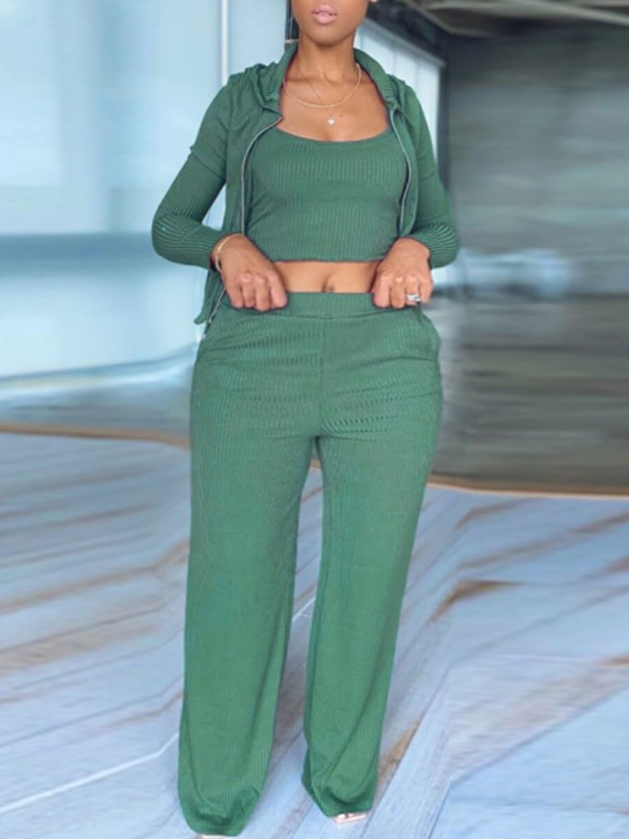 

Lovely Casual Hooded Collar Zipper Design Green Plus Size Two-piece Pants Set