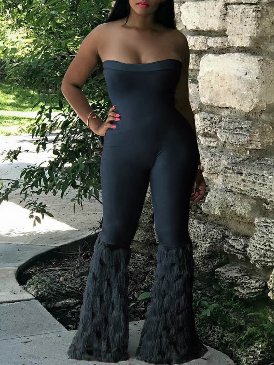 

Lovely Casual Off The Shoulder Tassel Design Black One-piece Jumpsuit