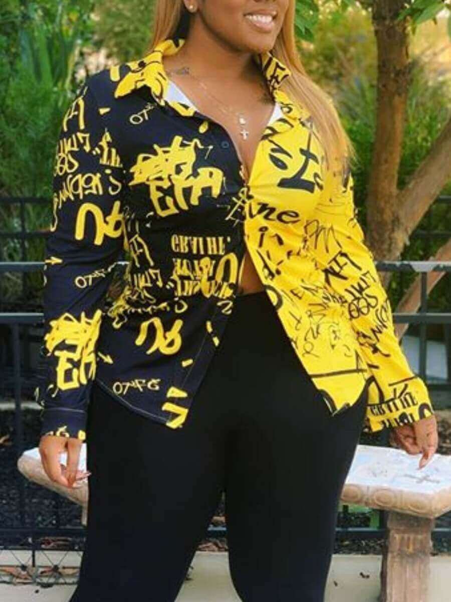 

Lovely Trendy Turndown Collar Letter Print Patchwork Yellow Coat