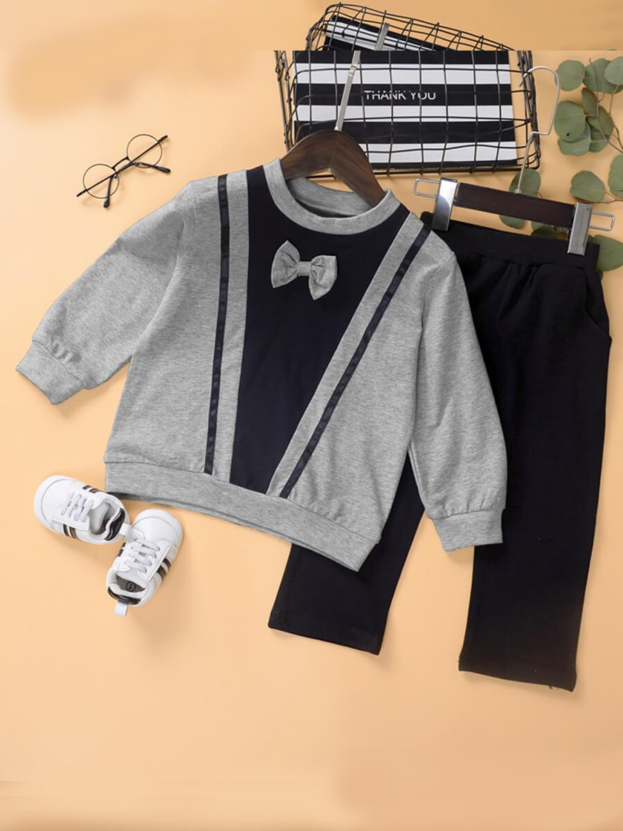 

Lovely Casual O Neck Patchwork Grey Boy Two-piece Pants Set