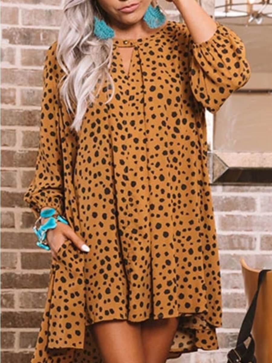 

Lovely Casual O Neck Dot Print Deep Yellow Knee Length Dress