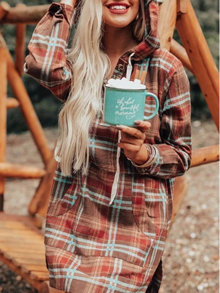 

Lovely Casual Hooded Collar Grid Print Red Blouse