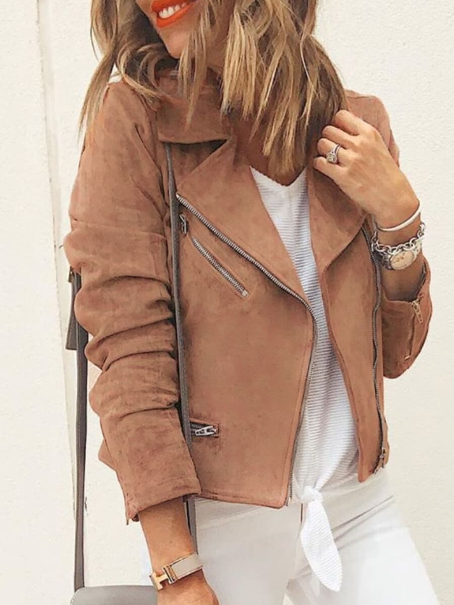 

Lovely Casual Turndown Collar Zipper Design Khaki Jacket