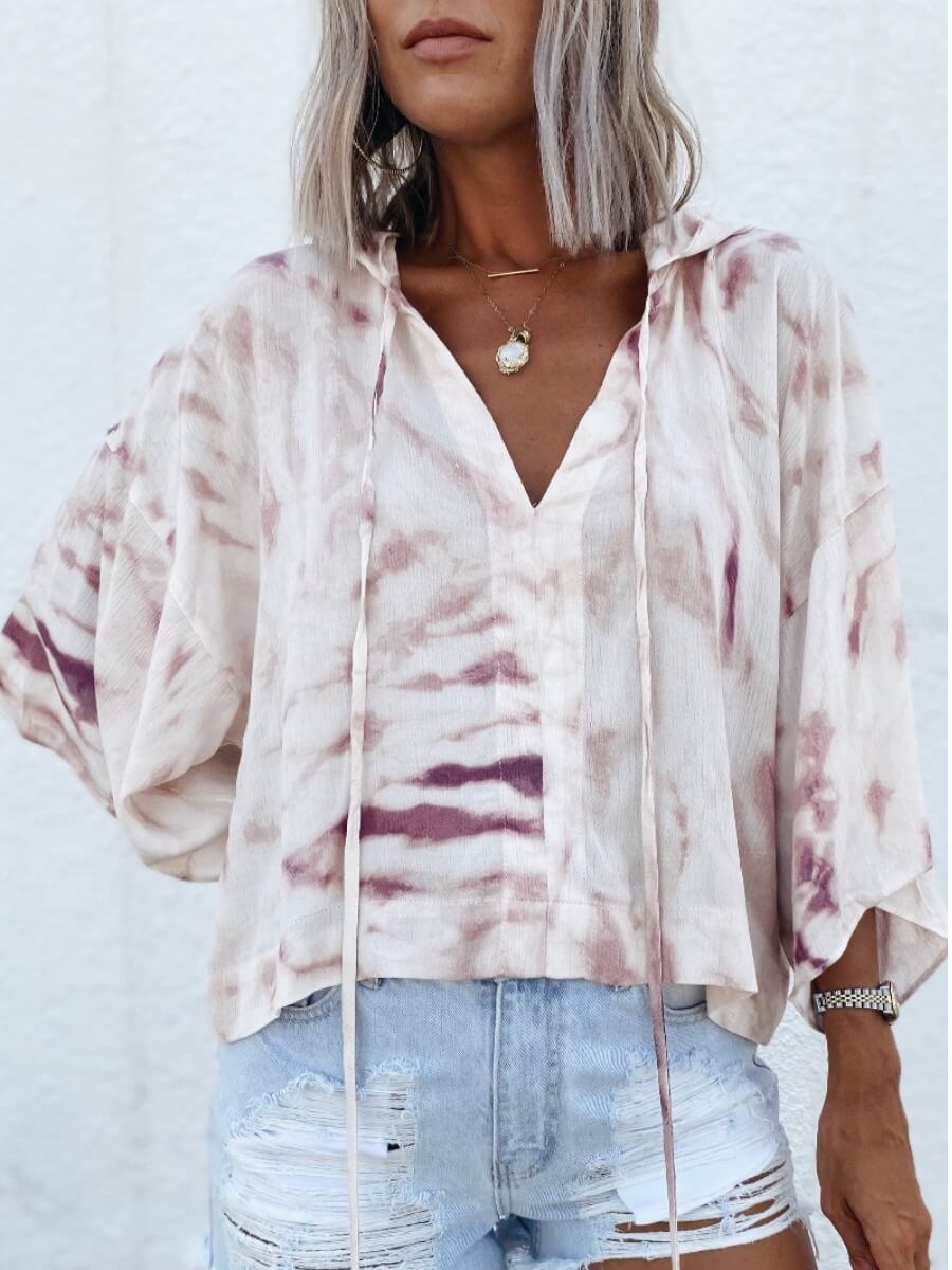 

Lovely Casual Hooded Collar Tie-dye White Blouse