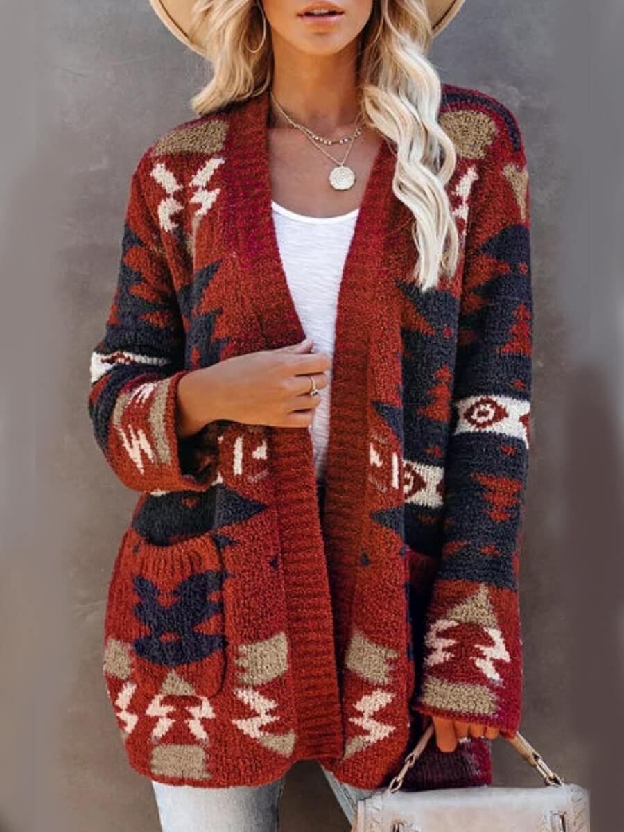 

Lovely Street Print Loose Wine Red Cardigan