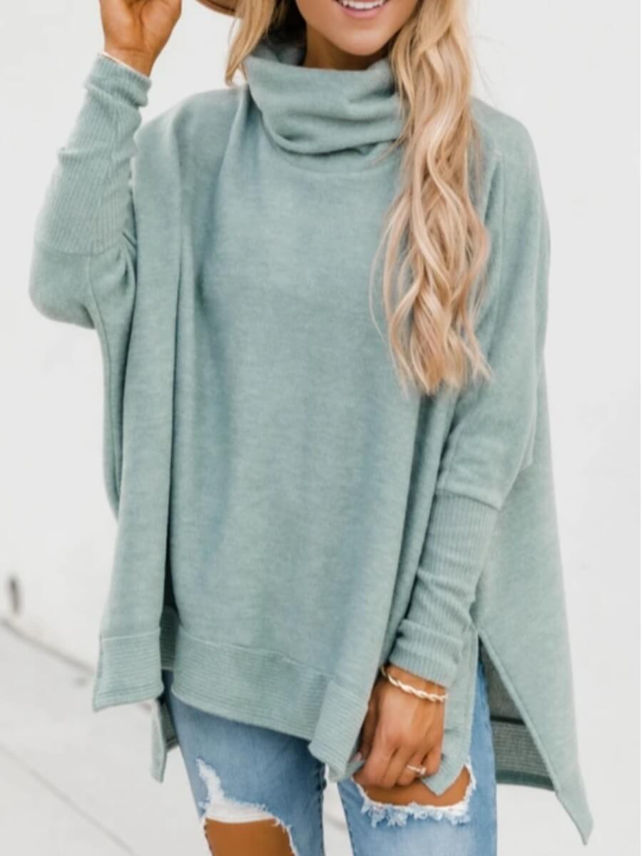 

Lovely Casual Turtleneck Asymmetrical Loose Green Sweater