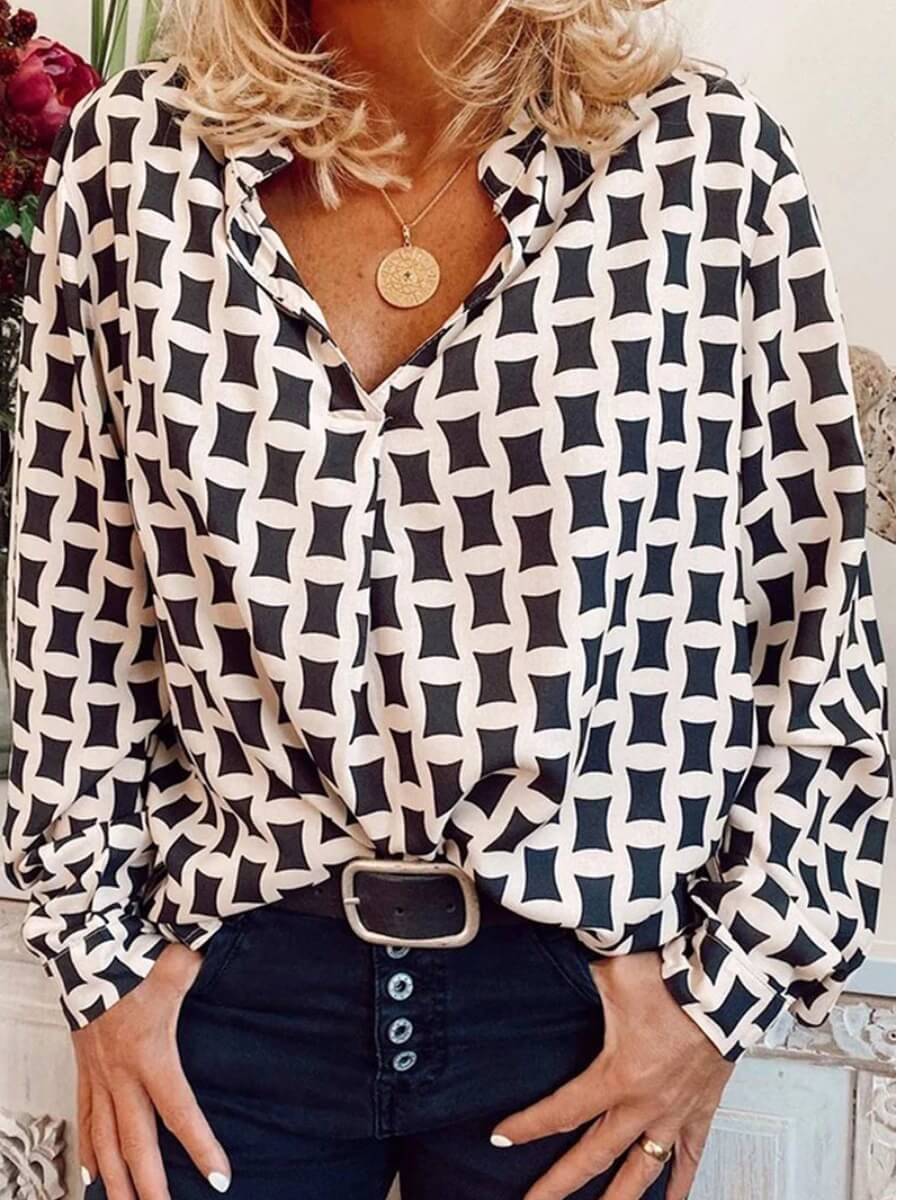 

LW Casual V Neck Geometric Print White Blouse