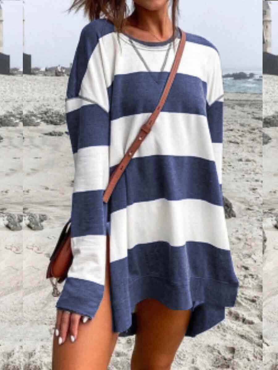 

Lovely Street Striped Side Slit Blue Sweatshirt