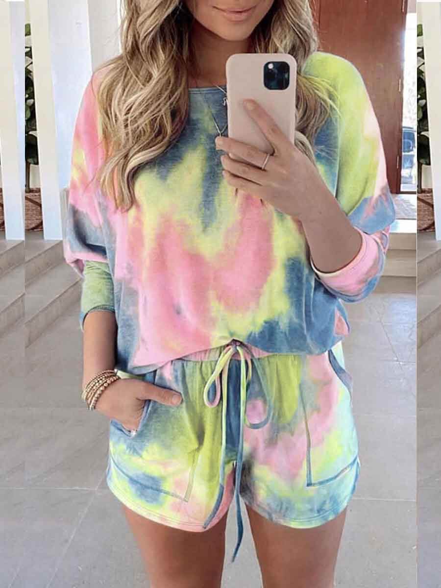 

Lovely Casual Tie Dye Multicolor Two Piece Shorts Set(Batch Print, Multi