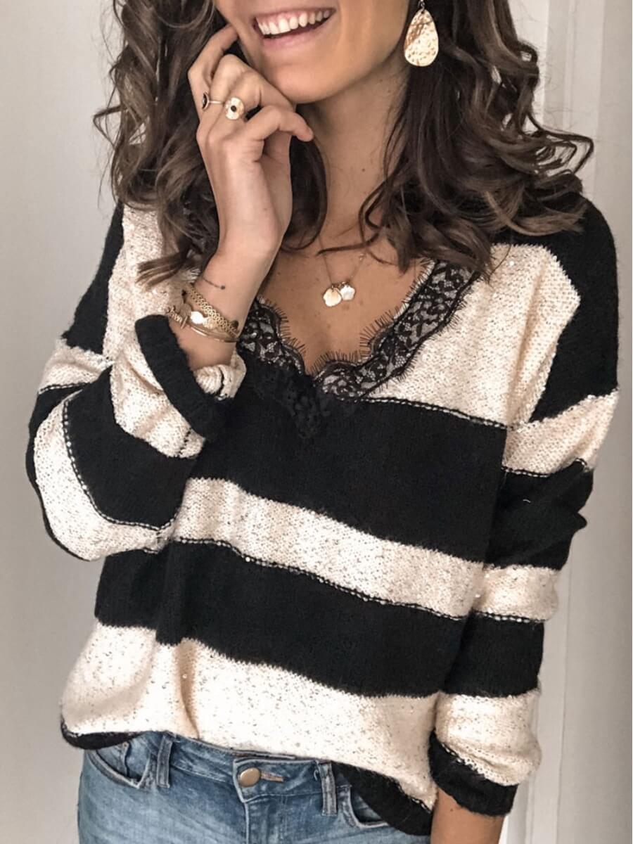 

Lovely Casual Striped Patchwork Black Sweater