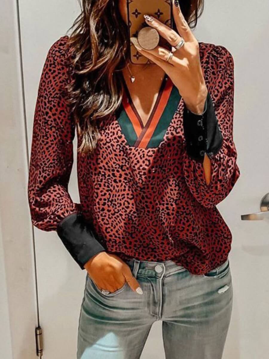 

Lovely V Neck Printed Wine Red Blouse