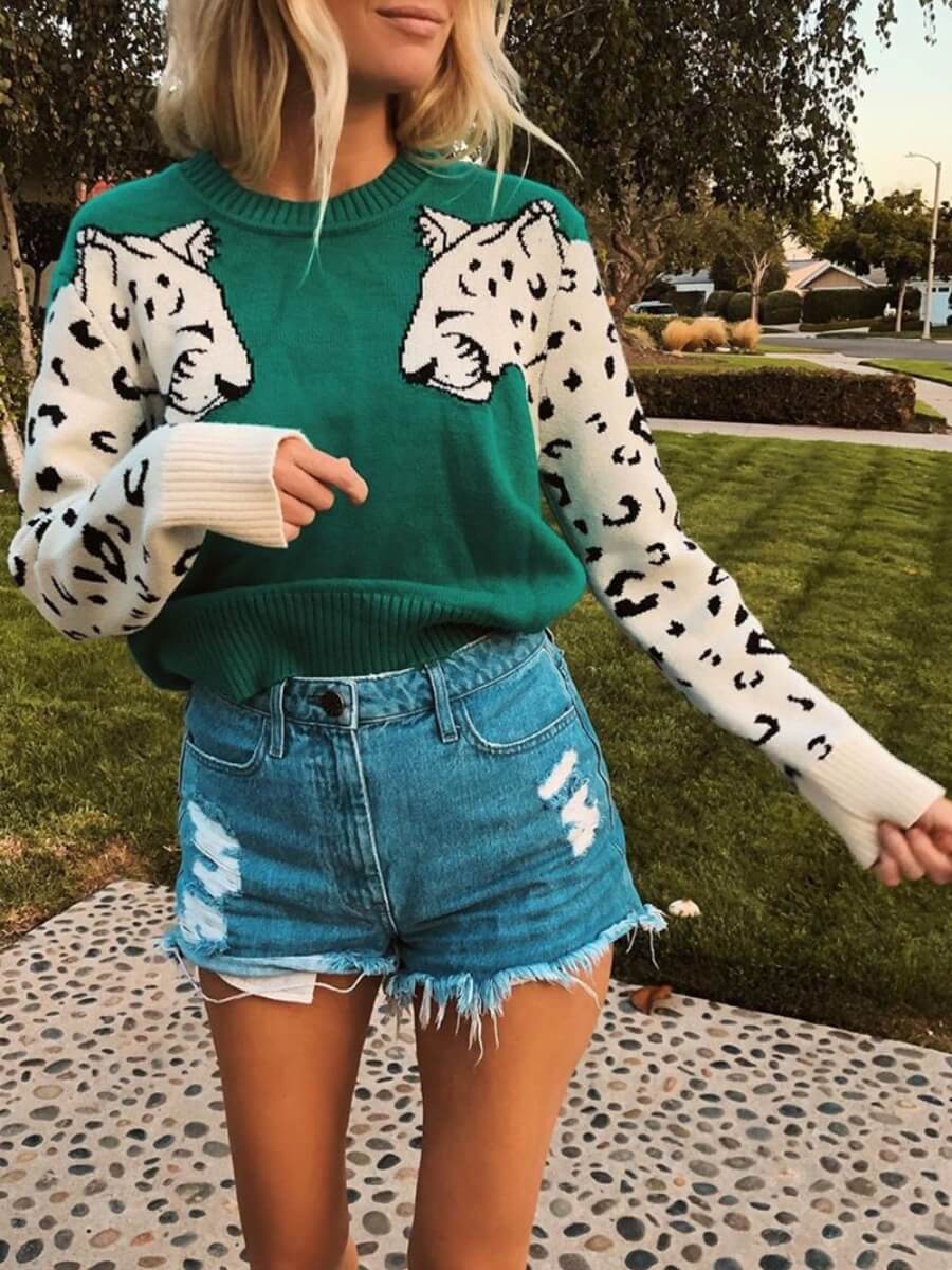 

Lovely Casual Leopard Print Patchwork Green Sweater