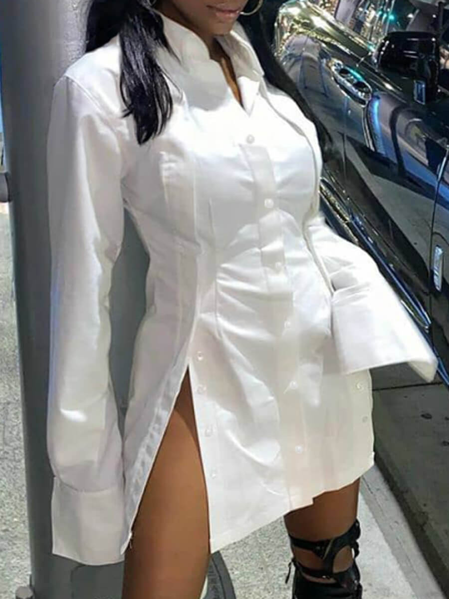 

Lovely Stylish Turndown Collar Side High Slit White Mini Dress