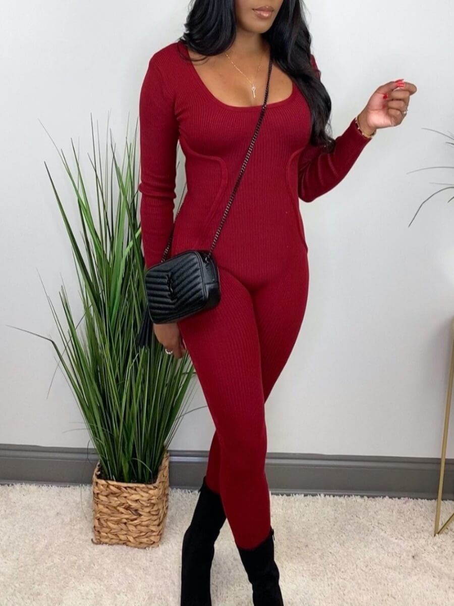 

Lovely Casual Square Collar Basic Skinny Wine Red One-piece Jumpsuit