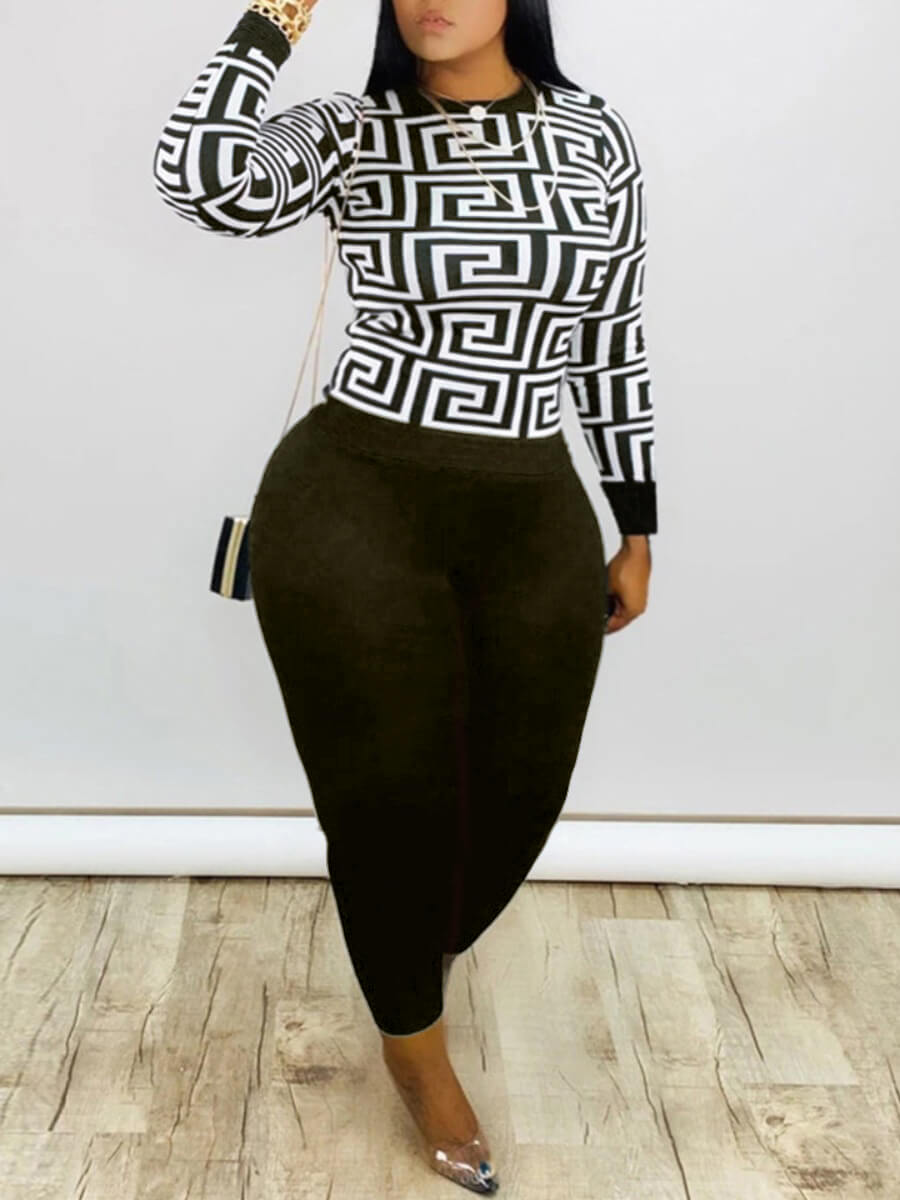 

Lovely Casual O Neck Geometric Print Black Green Plus Size Two-piece Pants Set