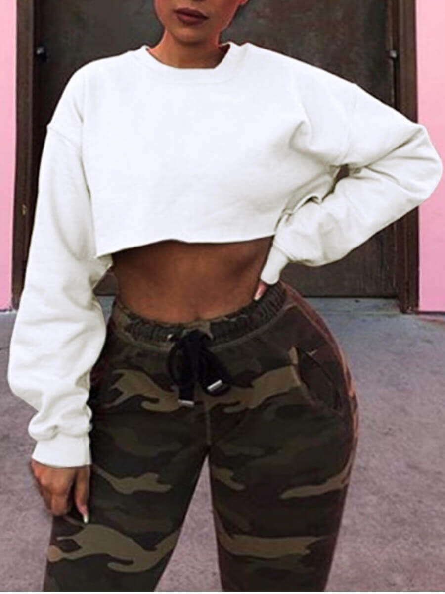 

Lovely Casual O Neck Crop Top White Hoodie