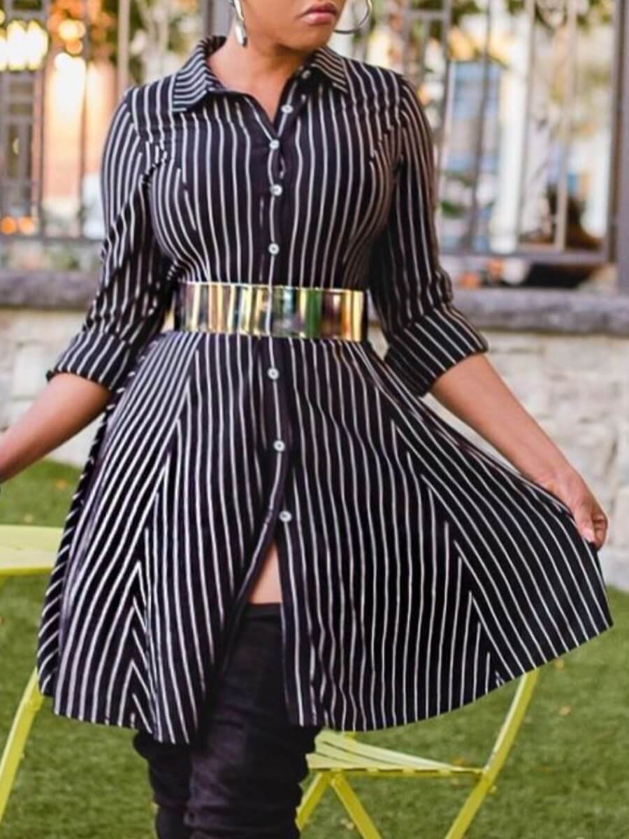 

Lovely Casual Striped Button Design Black Knee Length A Line Dress(Without Belt