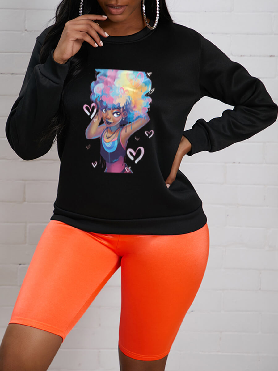 

Lovely Casual O Neck Cartoon Print Black Hoodie