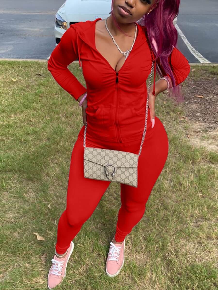 

Lovely Plus Size Casual Folds Kangaroo Pocket Red Two-piece Pants Set