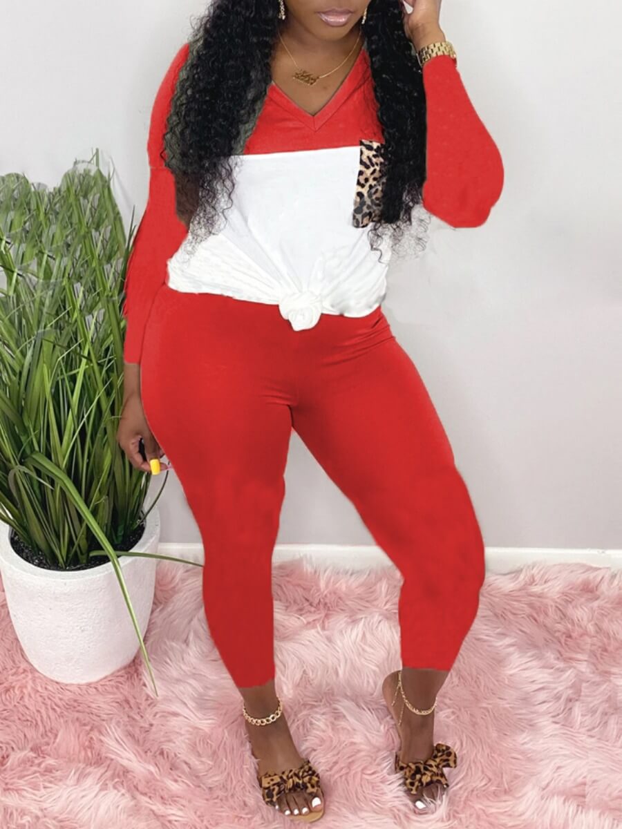 

Lovely Casual V Neck Patchwork Red Two Piece Pants Set