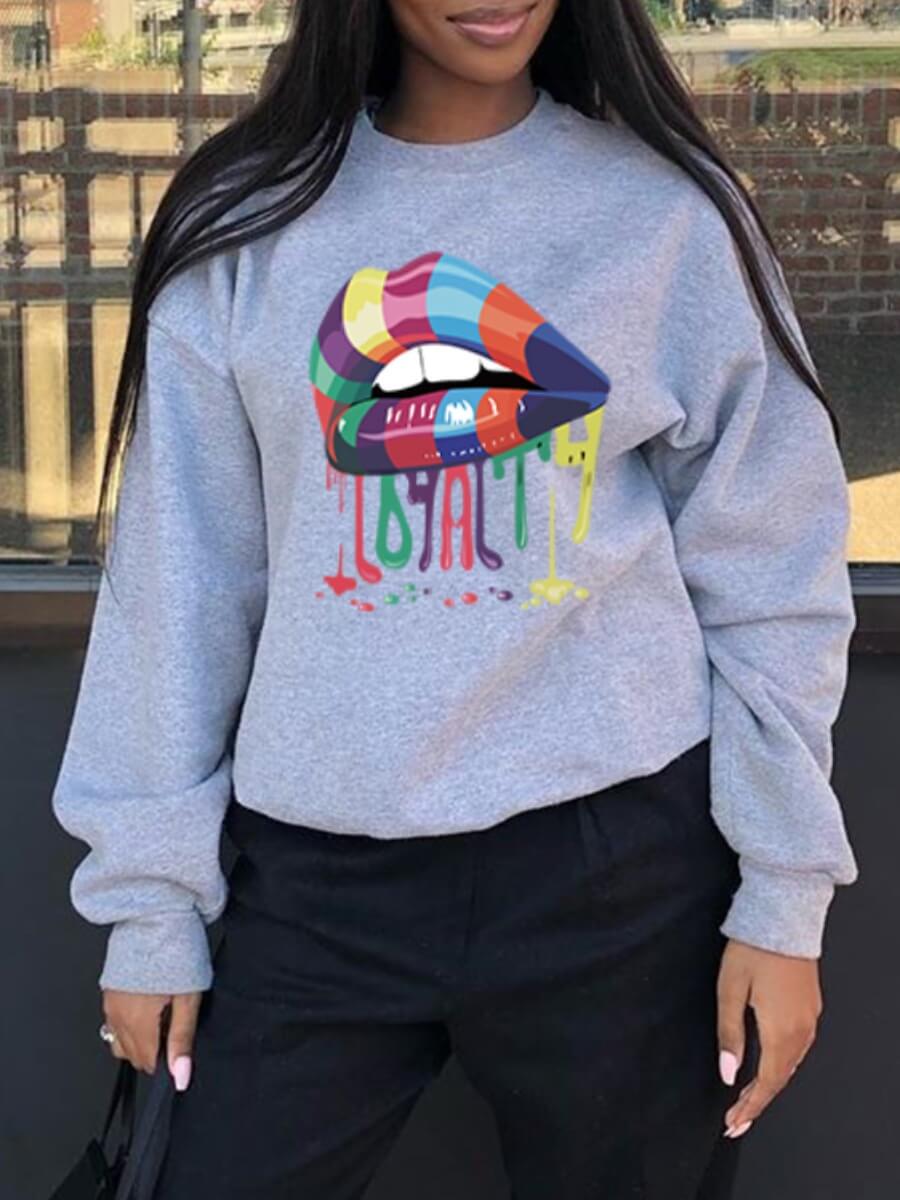 

Lovely Casual O Neck Lip Print Grey Hoodie