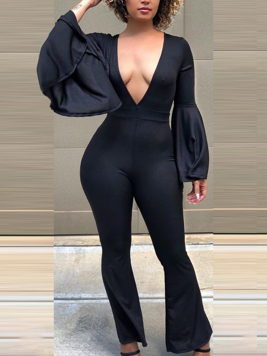 

Lovely Trendy Deep V Neck Flare Sleeve Skinny Black One-piece Jumpsuit