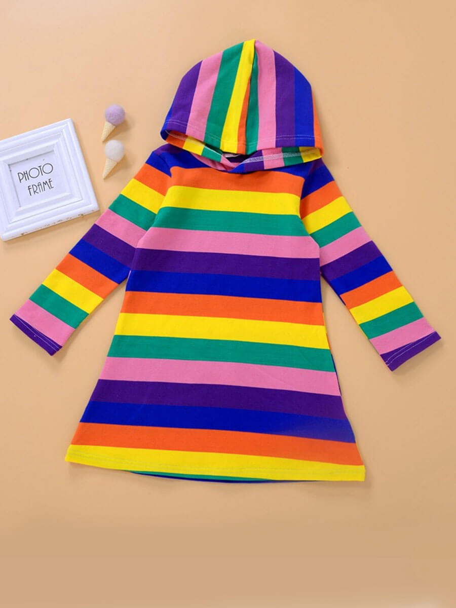 

Lovely Trendy Hooded Collar Rainbow Striped Multicolor Girl Knee Length Dress, Multicolor mstn