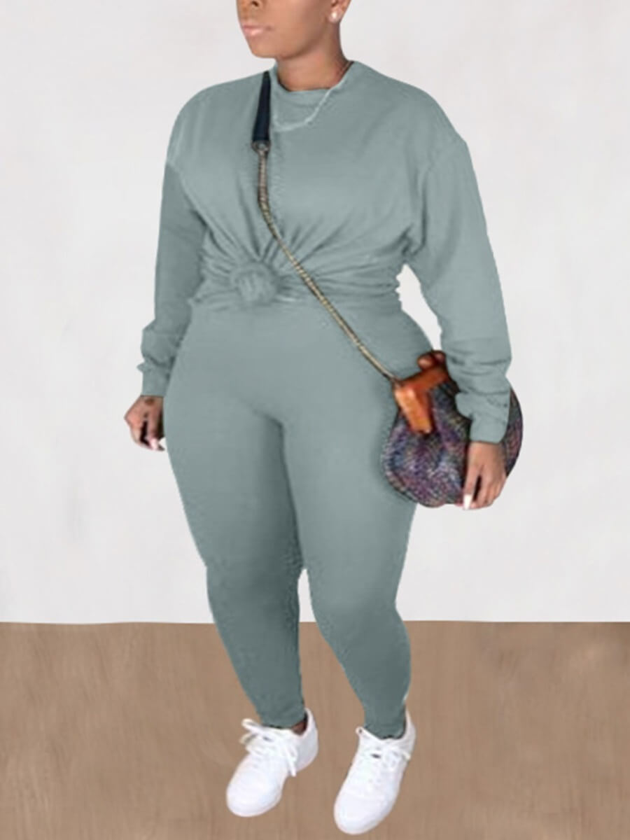 

Lovely Casual O Neck Long Sleeve Grey Plus Size Two-piece Pants Set