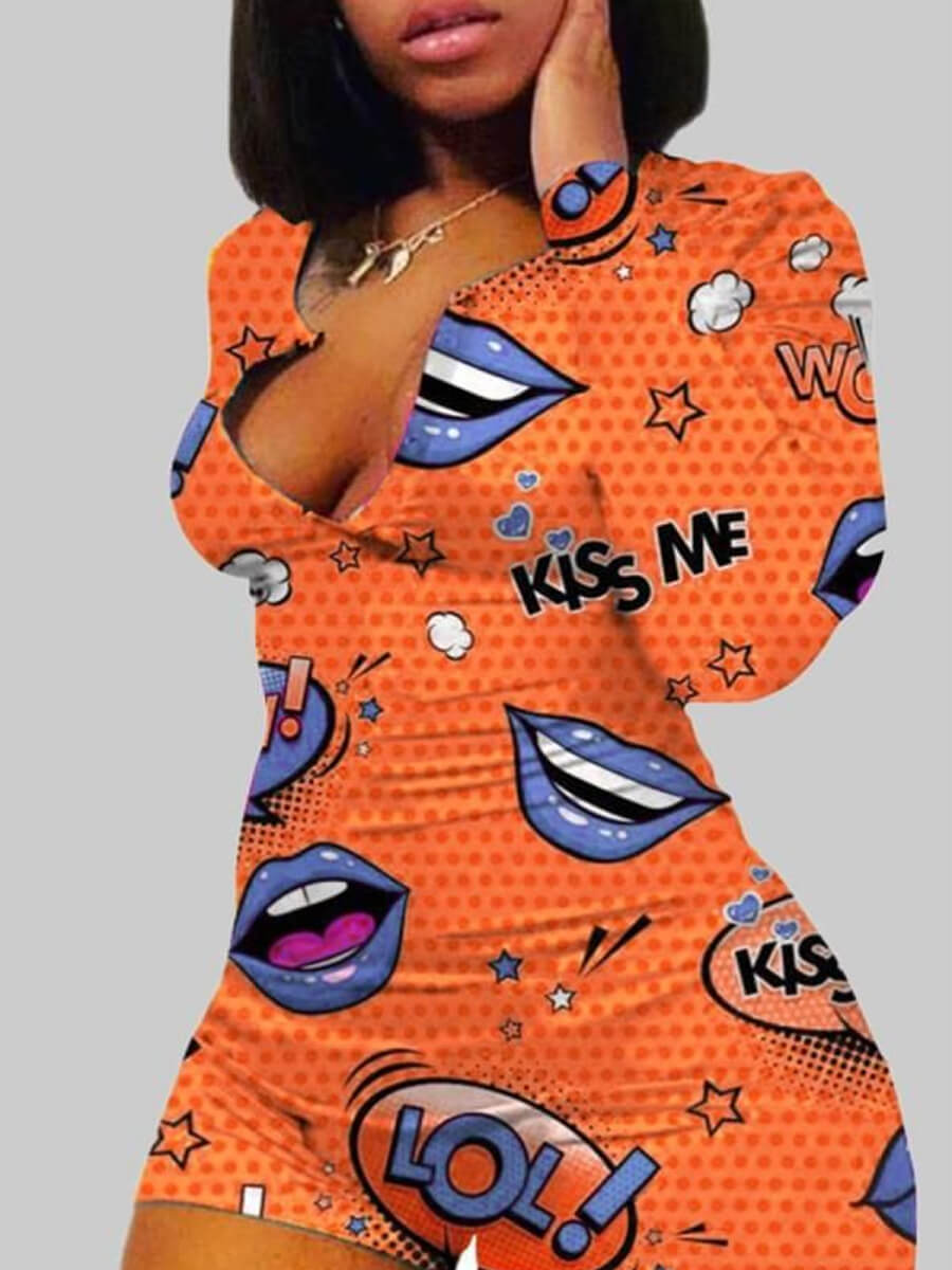 

Lovely Trendy V Neck Lip Print Orange Sleepwear