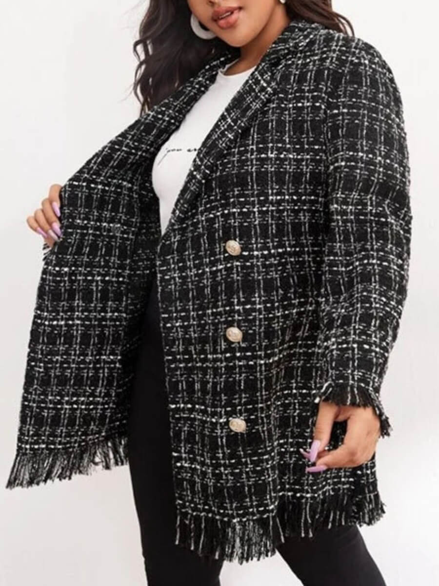 

Lovely Trendy Grid Print Tassel Design Black Trench Coat