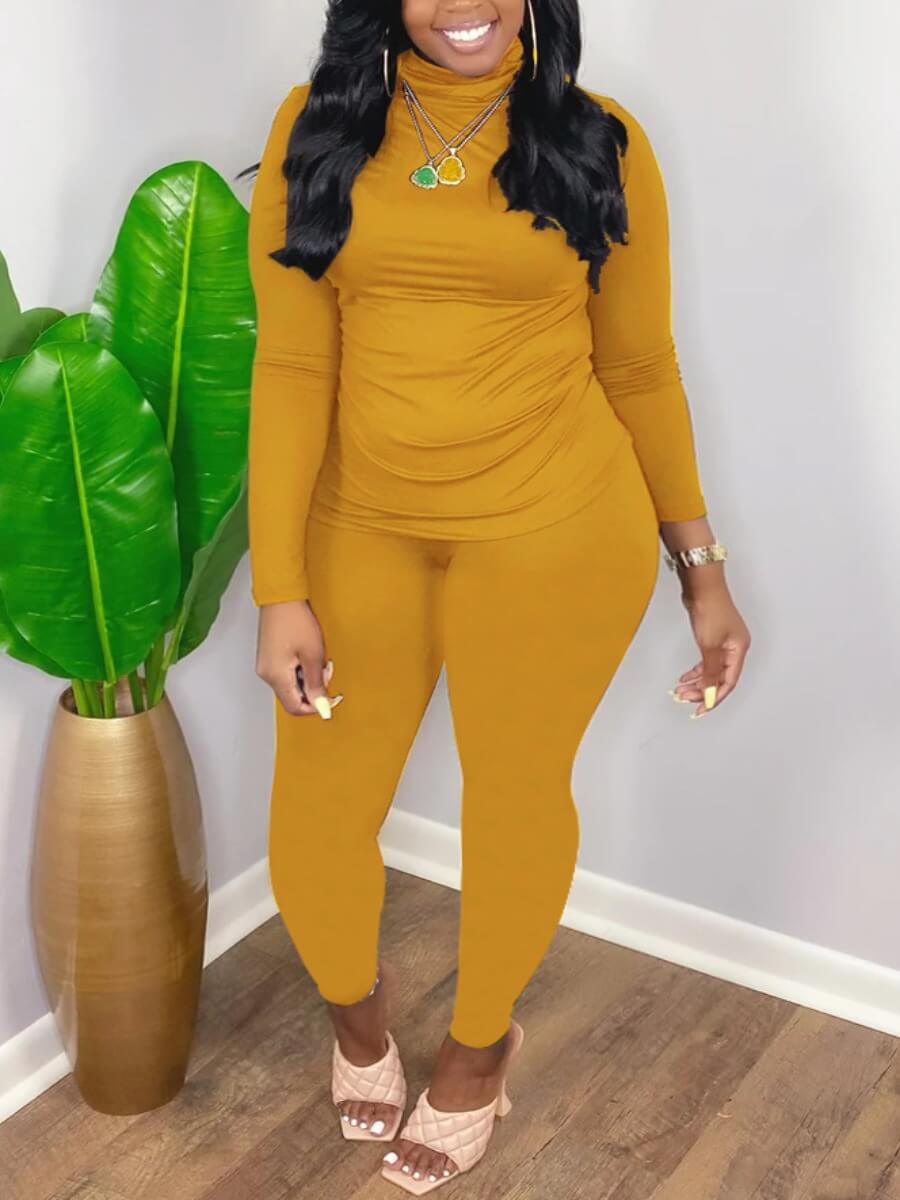 

Lovely Casual Turtleneck Long Sleeve Yellow Two Piece Pants Set(Without Necklace)