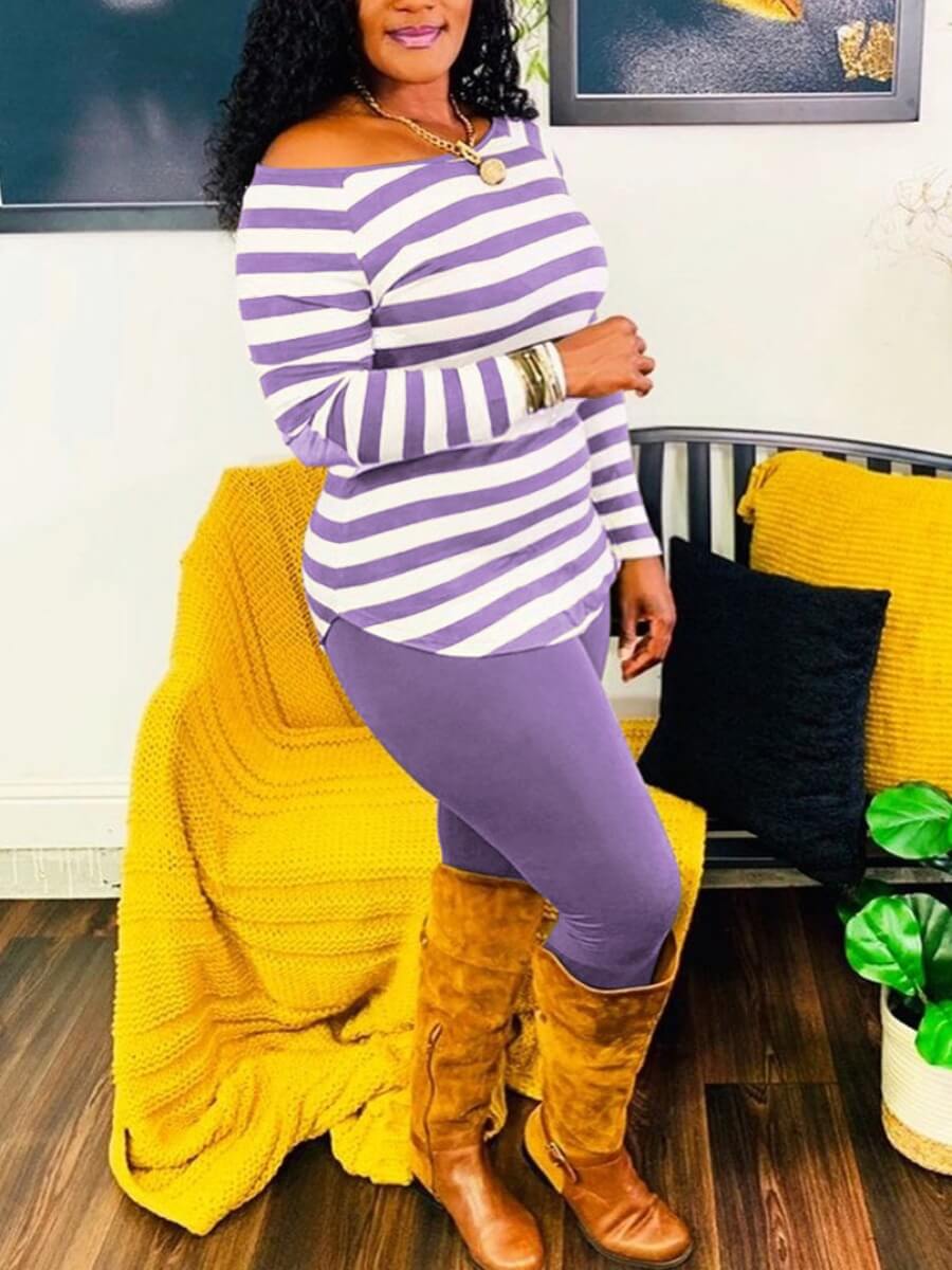 

Lovely Casual Boat Neck Striped Purple Two Piece Pants Set