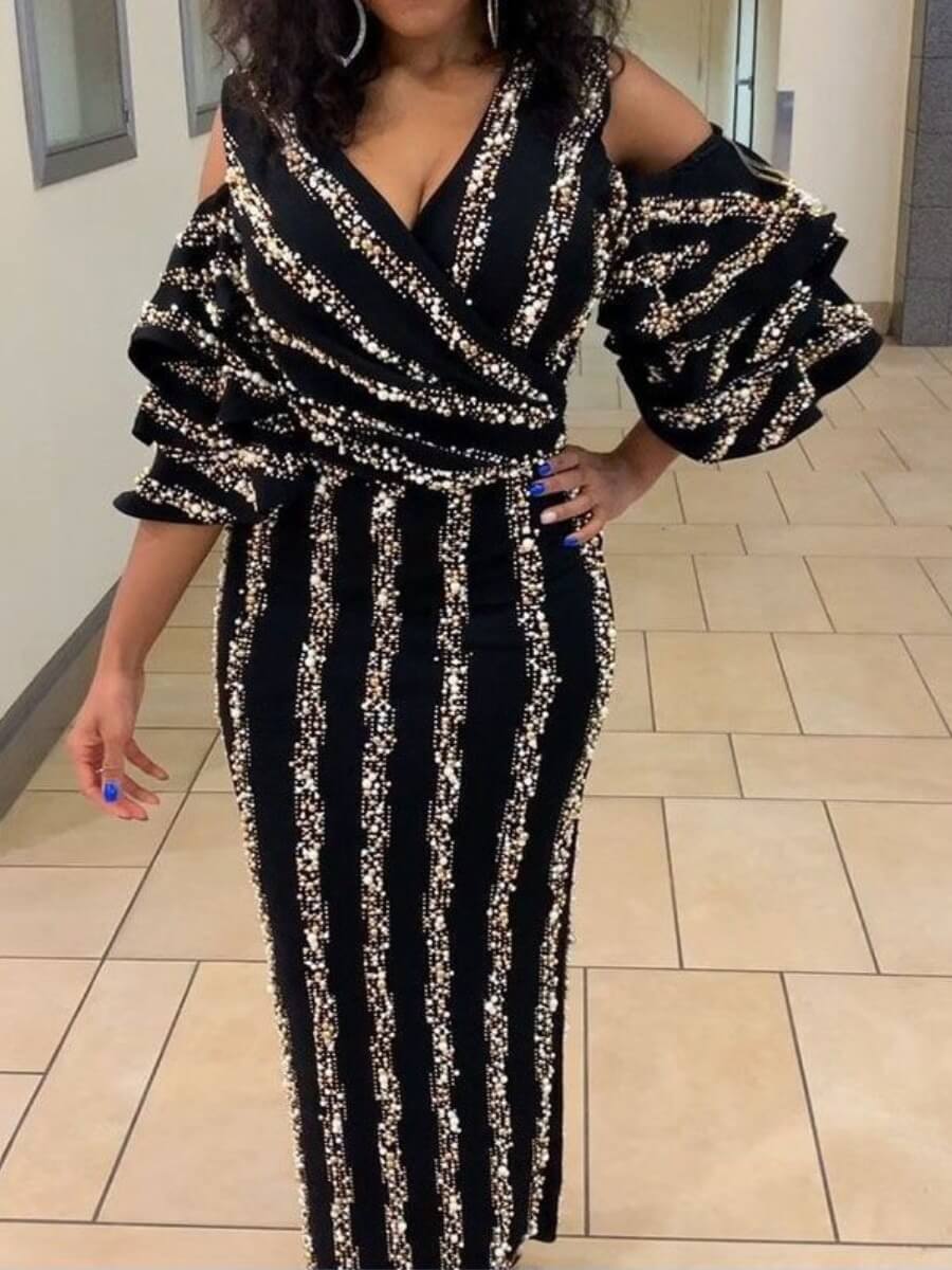 

Lovely Sexy V Neck Hollow-out Black Ankle Length Dress